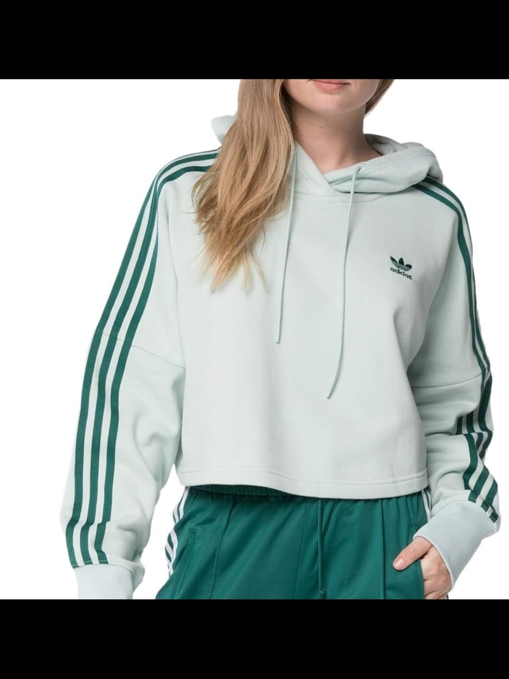 Adidas Cropped Hoodie in Light Mint with Forest Green Stripes Small
